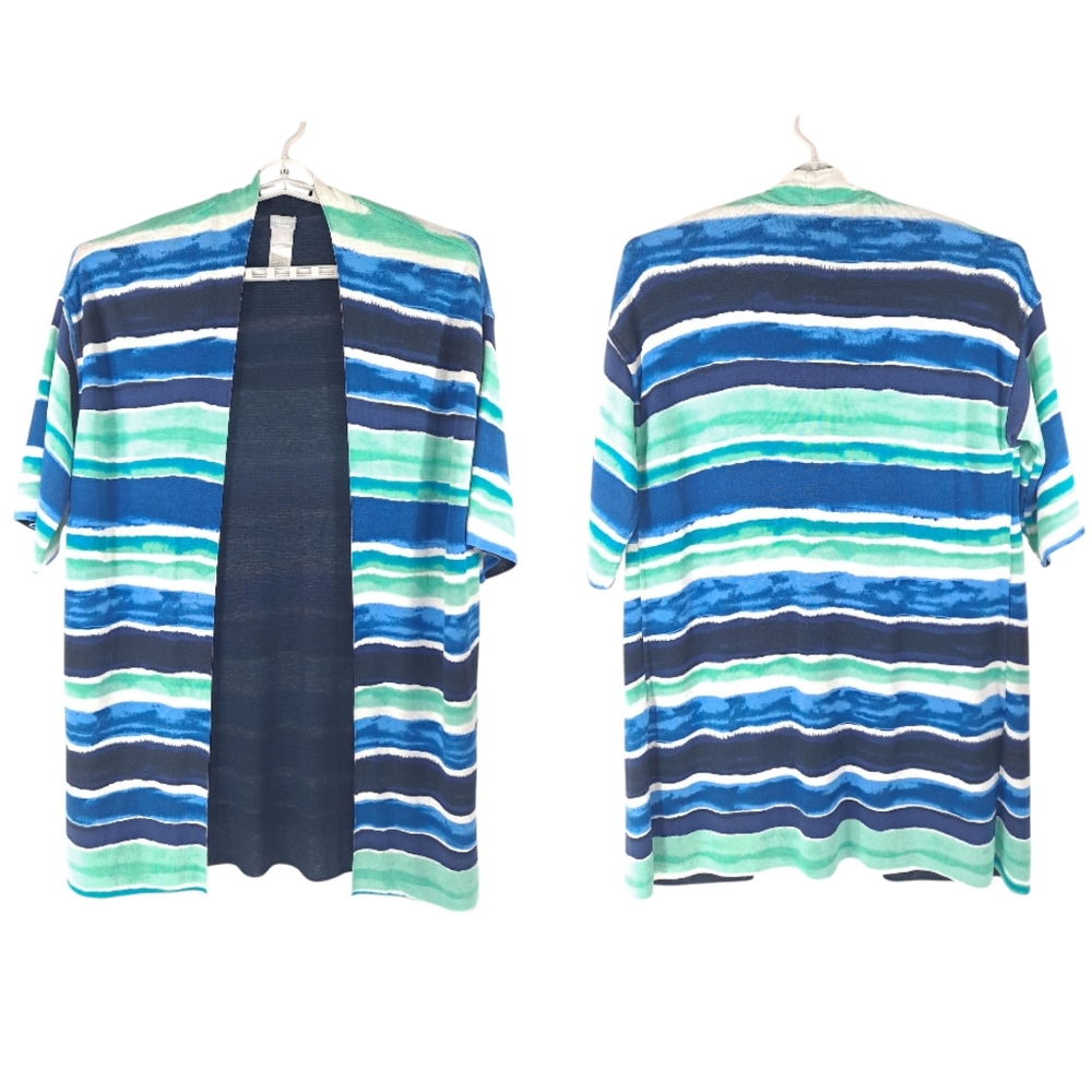 Chico's Travelers Womens Long Open Front Cardigan Blue Green Striped Sz 1 Medium